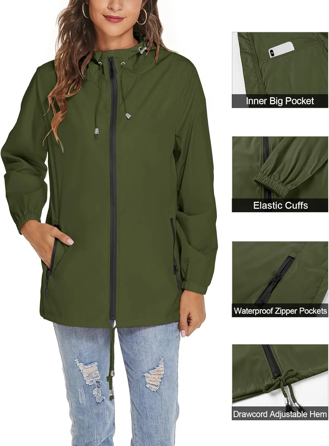 Avoogue Womens Waterproof Raincoat Lightweight Breathable Rain Jacket Hooded Rain Coat Outdoor Active Windbreaker with Pocket