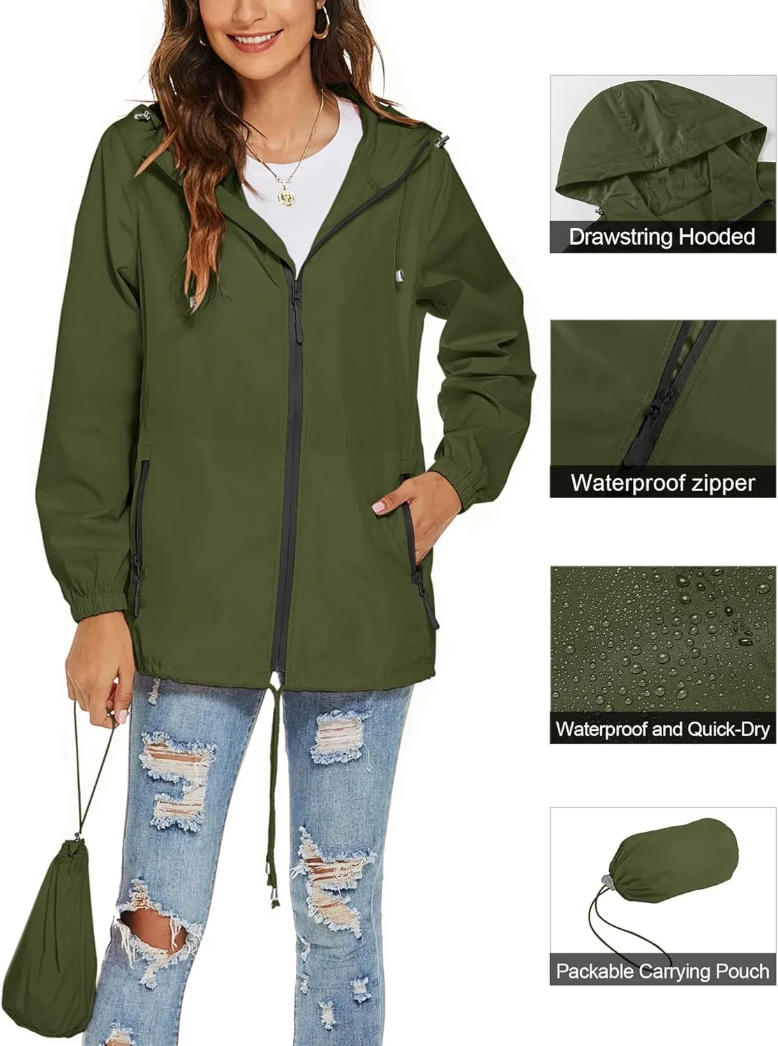 Avoogue Womens Waterproof Raincoat Lightweight Breathable Rain Jacket Hooded Rain Coat Outdoor Active Windbreaker with Pocket