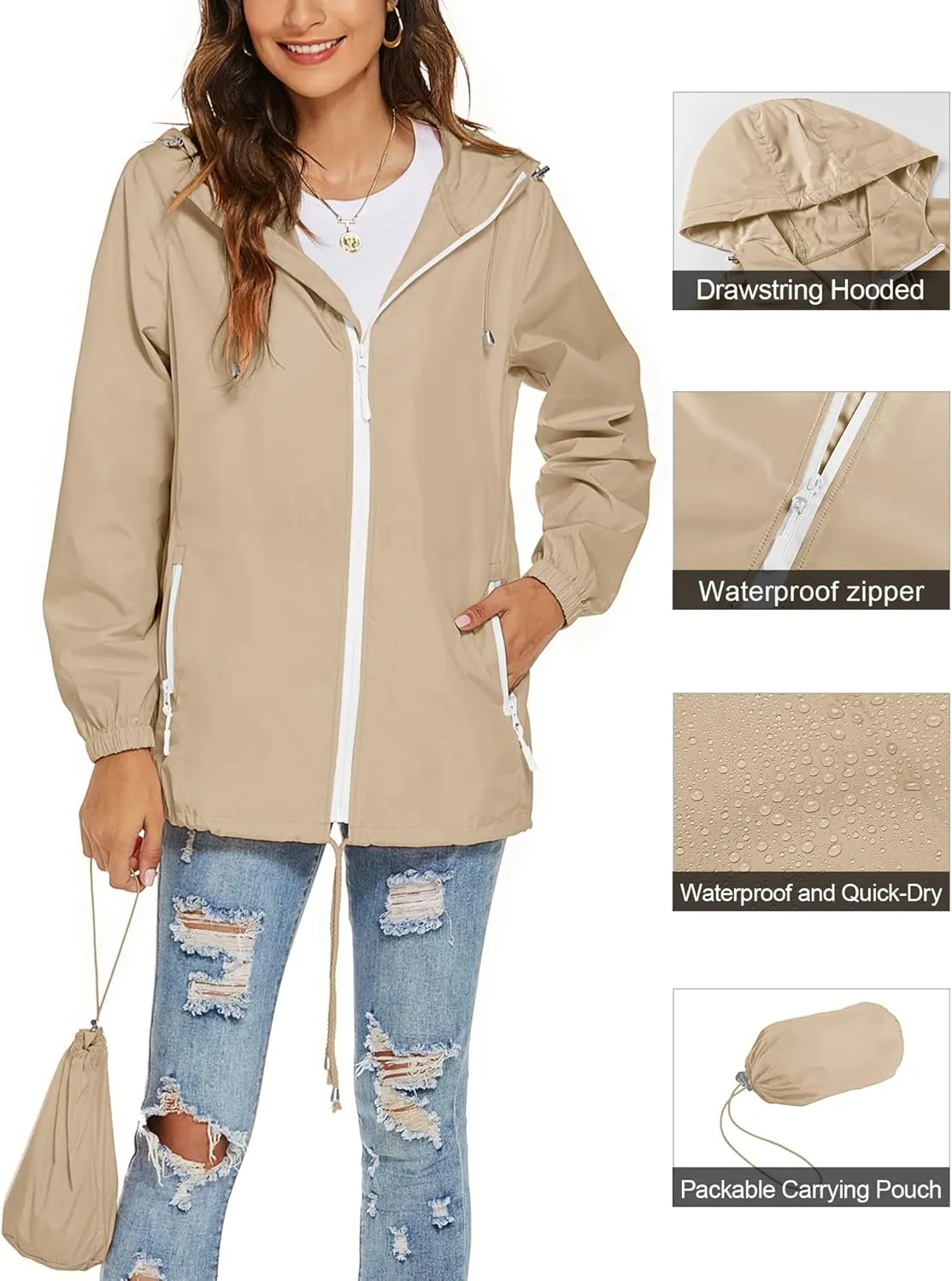 Avoogue Womens Waterproof Raincoat Lightweight Breathable Rain Jacket Hooded Rain Coat Outdoor Active Windbreaker with Pocket