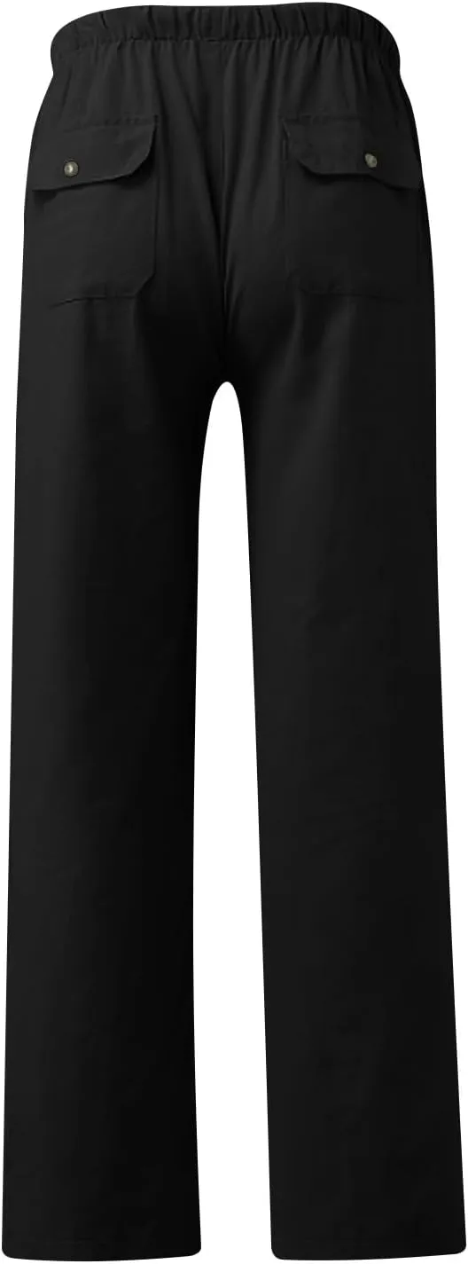Aymnlox Mens Fall Casual Pants Cotton Linen Baggy Solid Trousers Big and Tall Straight Leg Sweatpants Drawstring Waist Pants