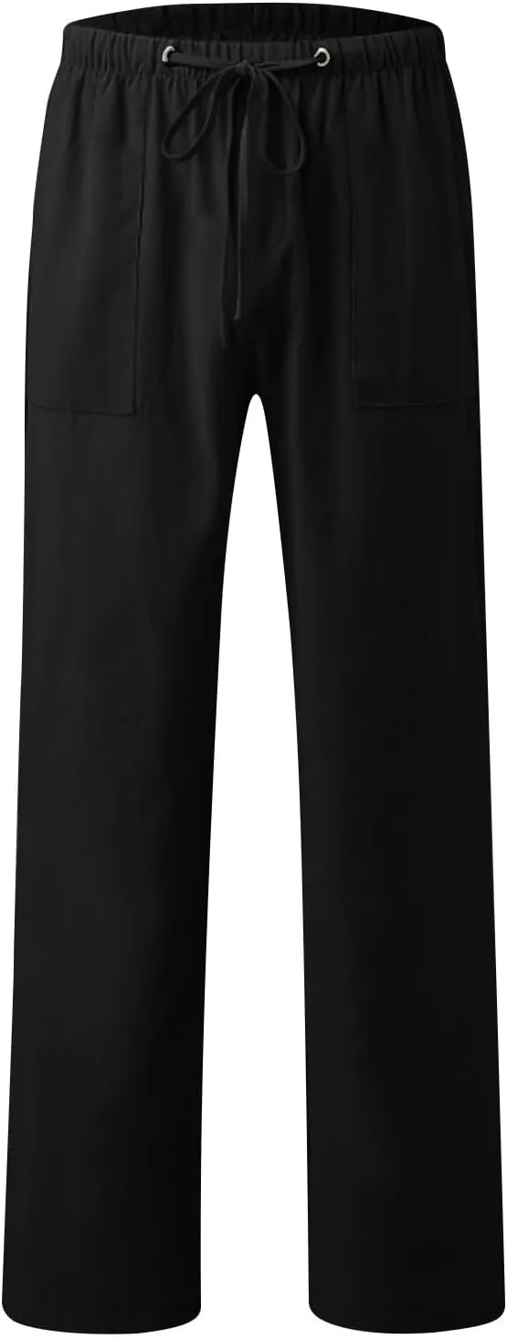 Aymnlox Mens Fall Casual Pants Cotton Linen Baggy Solid Trousers Big and Tall Straight Leg Sweatpants Drawstring Waist Pants
