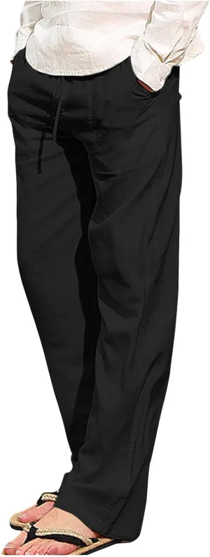 Aymnlox Mens Fall Casual Pants Cotton Linen Baggy Solid Trousers Big and Tall Straight Leg Sweatpants Drawstring Waist Pants