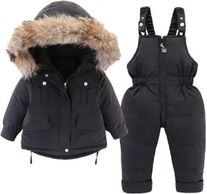 Baby Boys Girls Kids Hooded Artificial Fur Down Jacket Coat and Ski Bib Pants Snowsuit Winter Outfit Sets