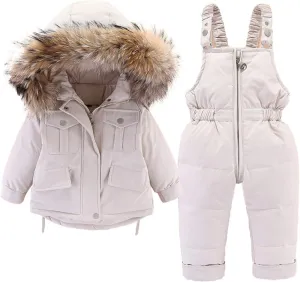 Baby Boys Girls Kids Hooded Artificial Fur Down Jacket Coat and Ski Bib Pants Snowsuit Winter Outfit Sets