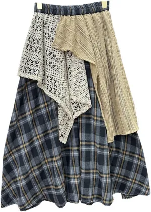 BAIMORE Women's Irregular Plaid Elastic Waist Layered Patchwork Pleated A-Line Flowy Midi Skirt