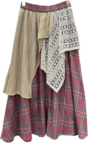 BAIMORE Women's Irregular Plaid Elastic Waist Layered Patchwork Pleated A-Line Flowy Midi Skirt