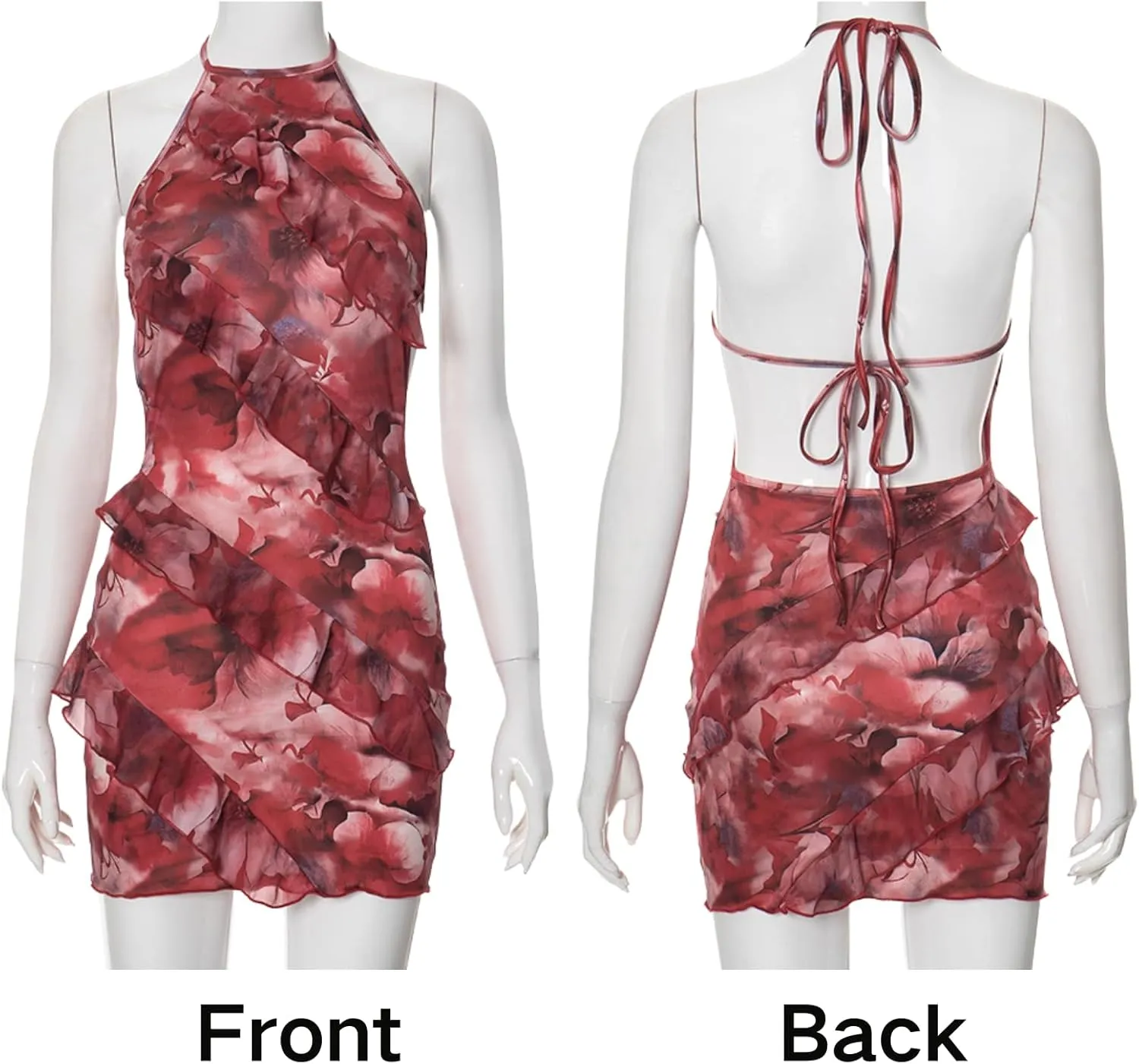 BAIMORE Women's Sexy Floral Layered Ruffle Trim Tie Up Backless Bodycon Party Halter Mini Dress