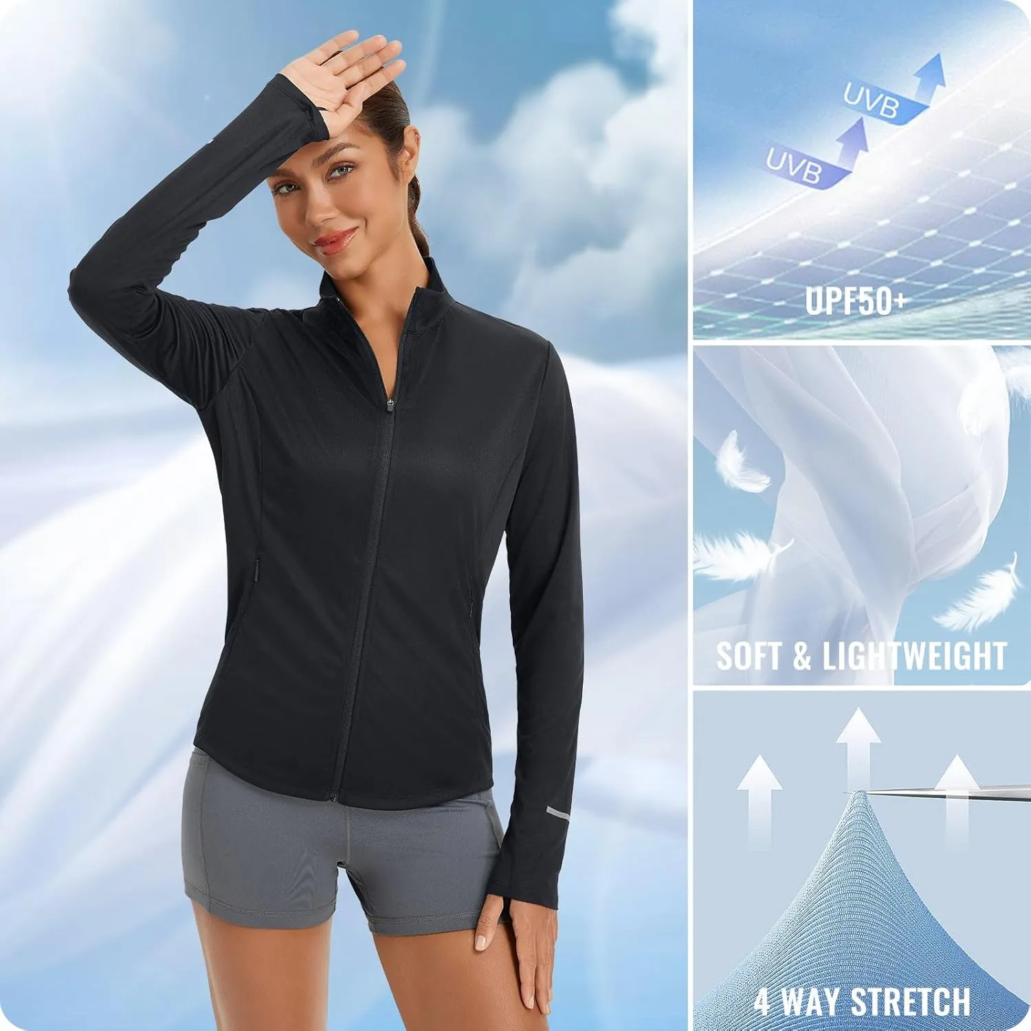 baleaf Women's Lightweight Running Jacket Sun Protection Athletic Full Zip Long Sleeve Shirts UPF 50  Pockets Cycling