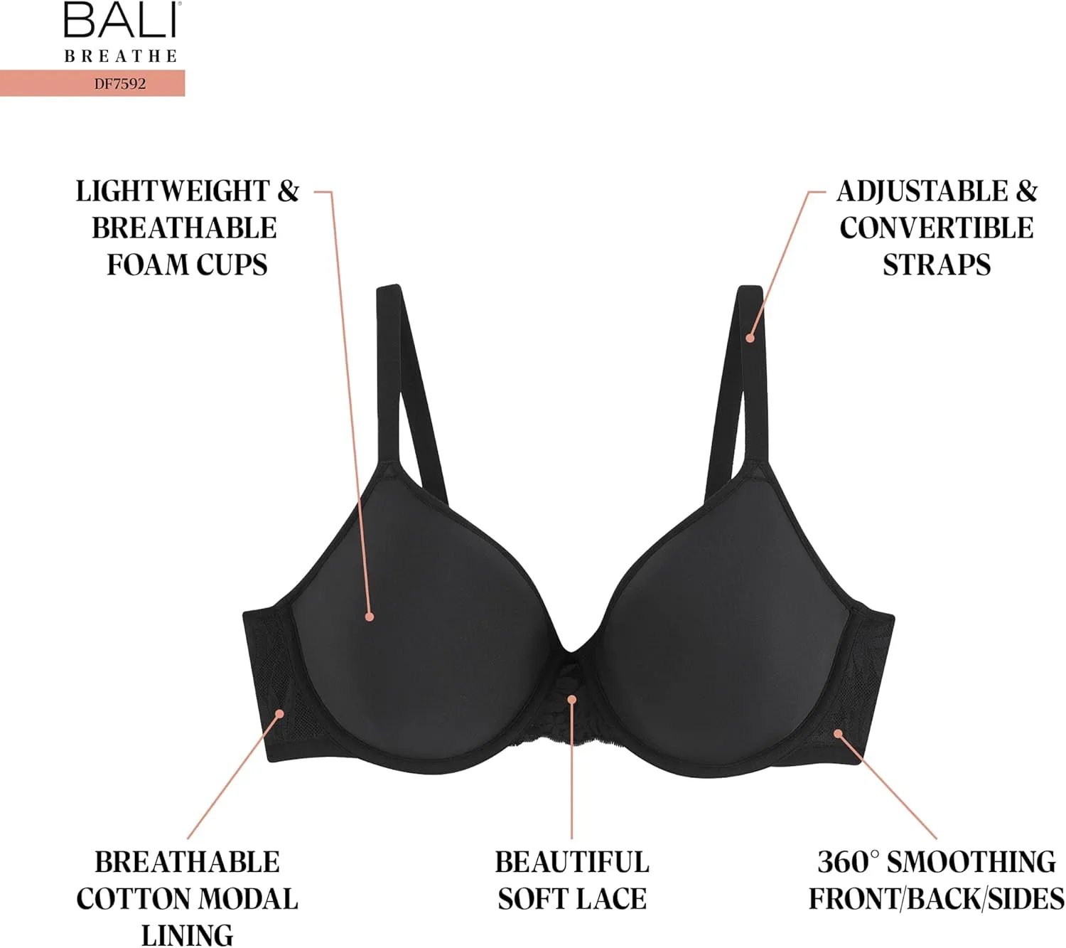 Bali Women's Breathe Modal T-Shirt Bra, Breathable Lightweight Underwire Bra, Convertible Straps