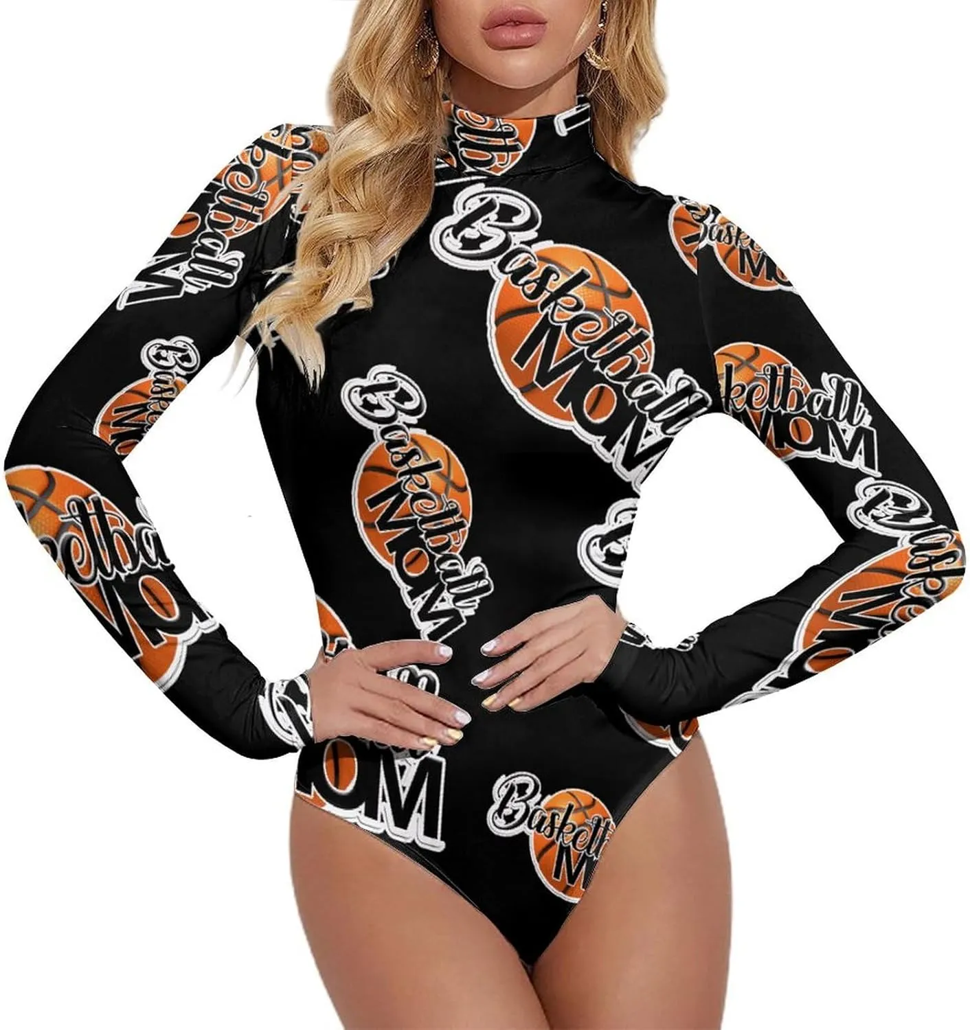 Basketball Mom Women's Long Sleeve Bodysuit Turtleneck Tops Stretch Jumpsuit T Shirts