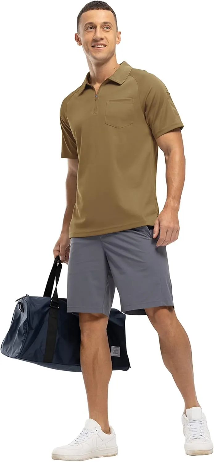 BASUDAM Men's Zippered Polo Shirts with Pocket Quick Dry Short Sleeve Active Performance