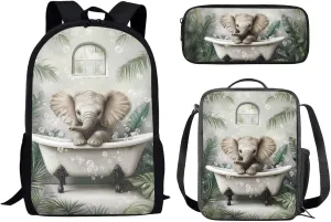 Bathing Elephant Lunch Box Pencil Bag 17-inch Middle Bookbags School Backpack Breathable Set of 3