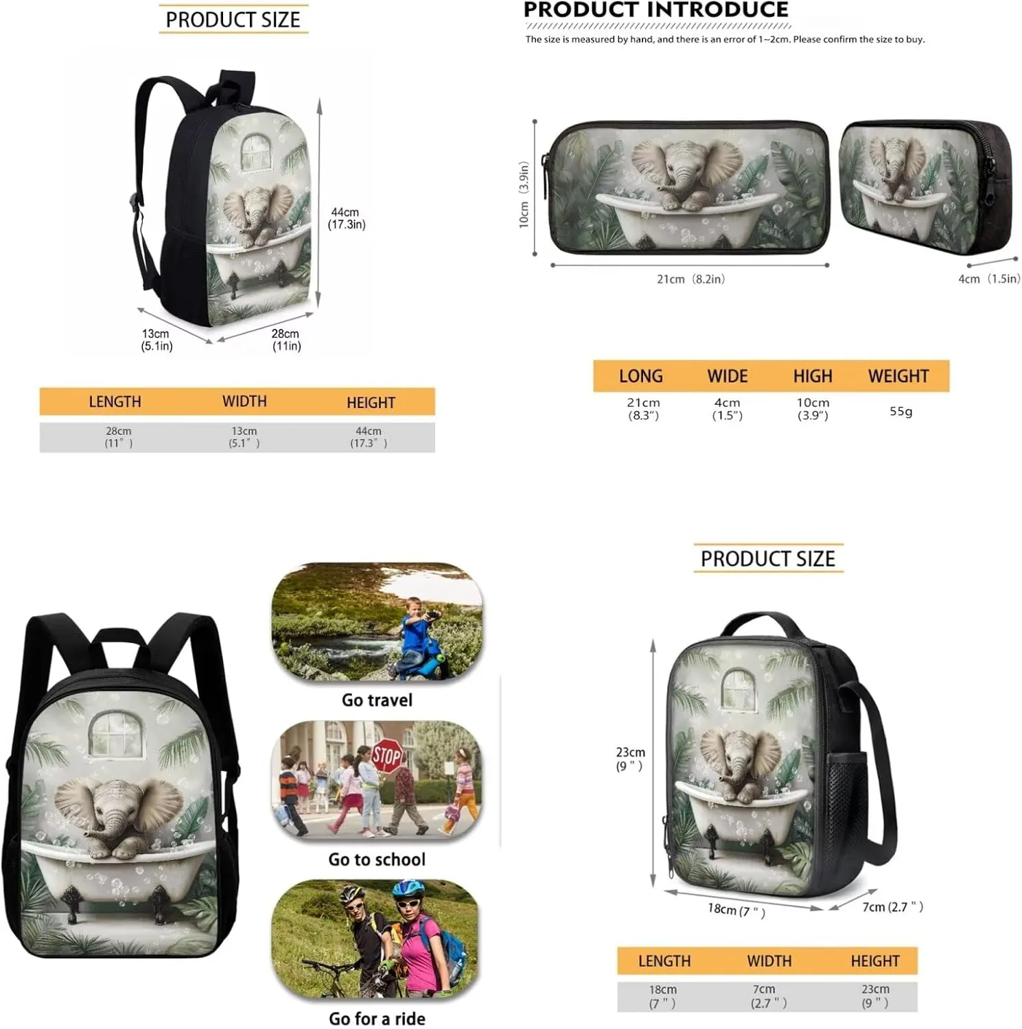 Bathing Elephant Lunch Box Pencil Bag 17-inch Middle Bookbags School Backpack Breathable Set of 3