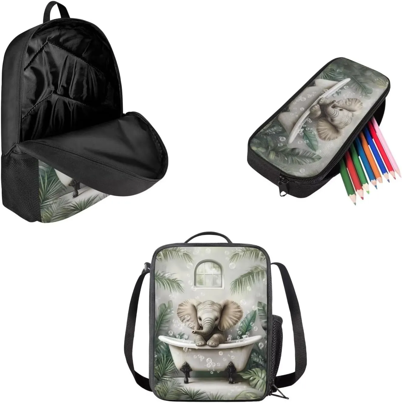Bathing Elephant Lunch Box Pencil Bag 17-inch Middle Bookbags School Backpack Breathable Set of 3