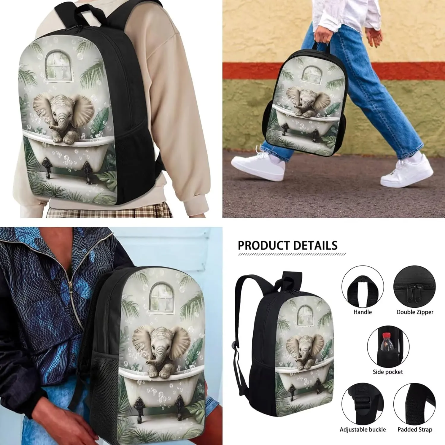 Bathing Elephant Lunch Box Pencil Bag 17-inch Middle Bookbags School Backpack Breathable Set of 3