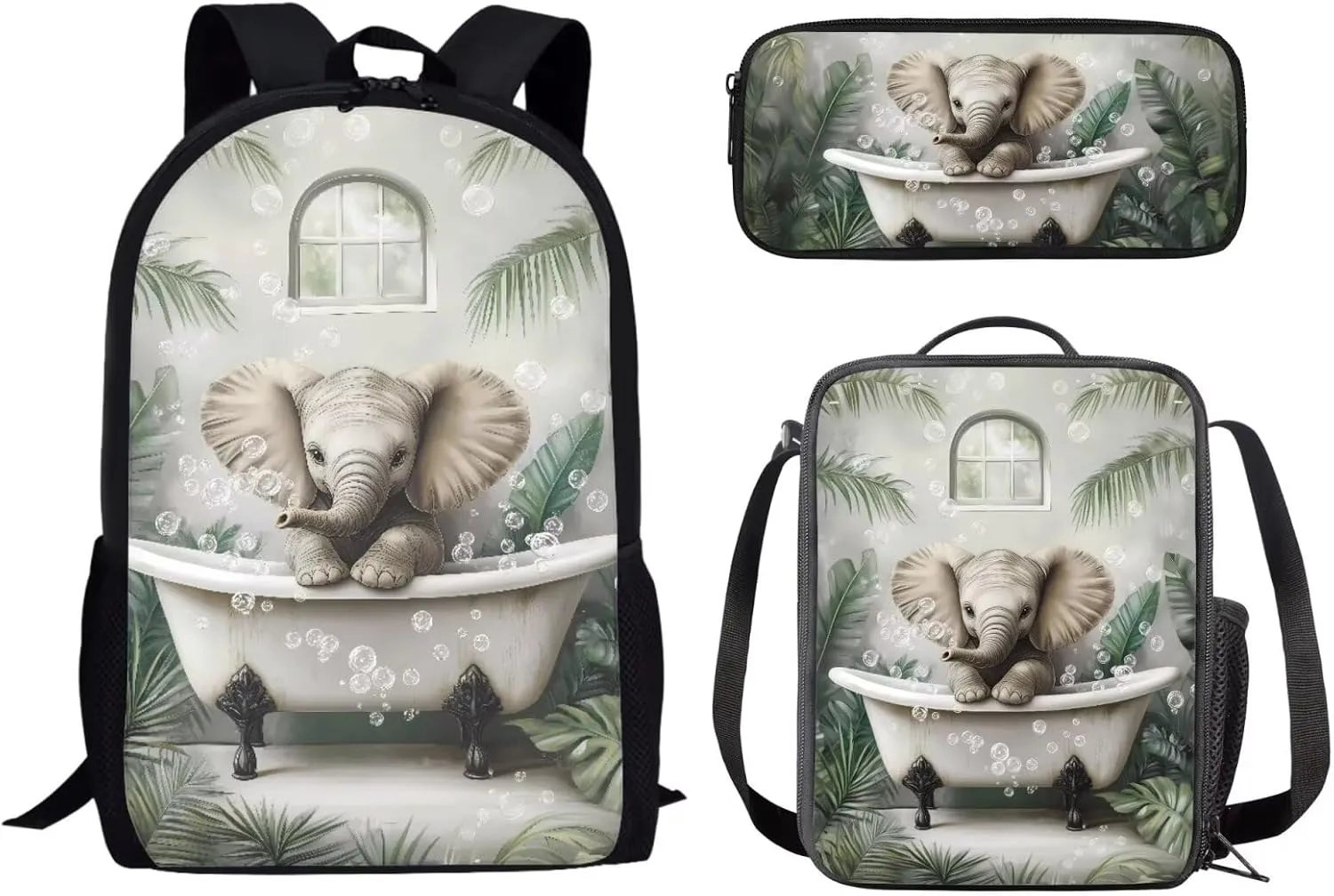 Bathing Elephant Lunch Box Pencil Bag 17-inch Middle Bookbags School Backpack Breathable Set of 3