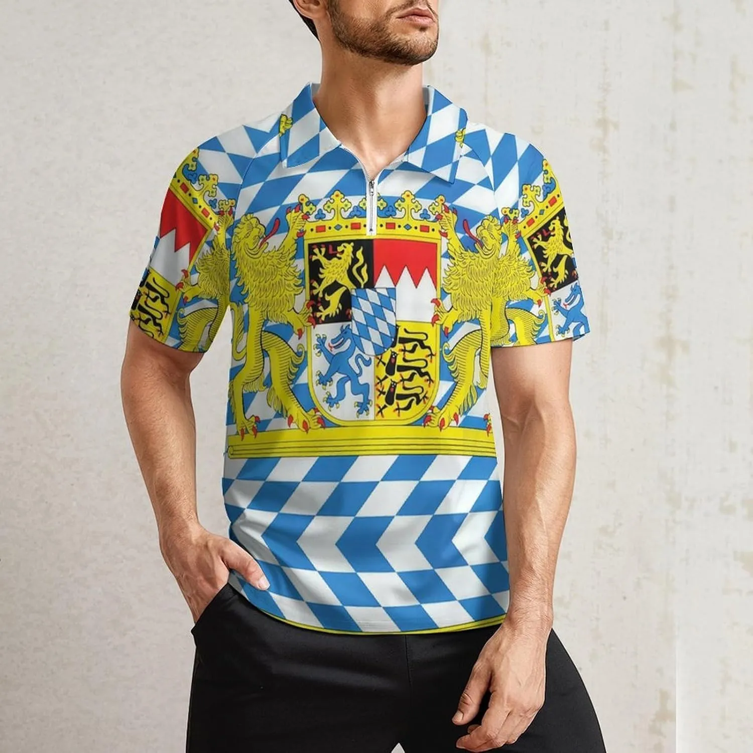 Bavaria Bavarian Flag Men's Short Sleeve Shirts Golf T-Shirt Tennis Sportswear Casual Tops Zip-up Pullover