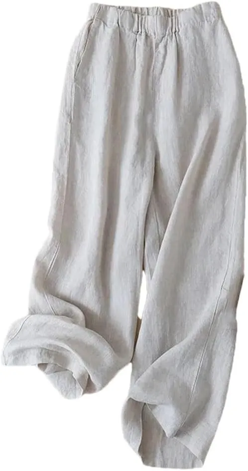 Bciopll Women Cotton Linen Casual Summer Trousers Loose Straight Leg Pants Elastic Waist Ankle Pants with Pockets