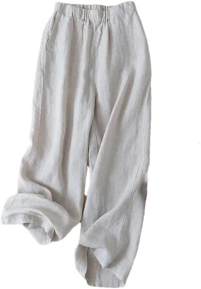 Bciopll Women Cotton Linen Casual Summer Trousers Loose Straight Leg Pants Elastic Waist Ankle Pants with Pockets