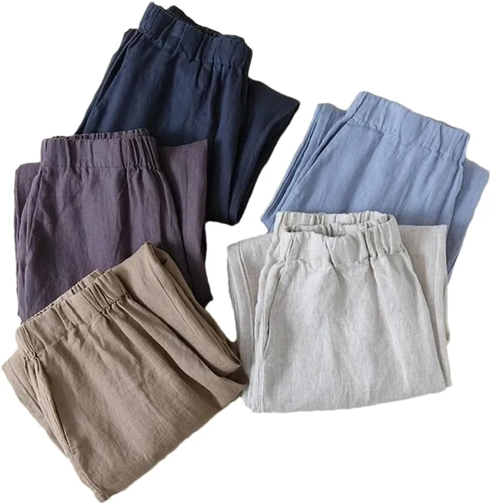 Bciopll Women Cotton Linen Casual Summer Trousers Loose Straight Leg Pants Elastic Waist Ankle Pants with Pockets