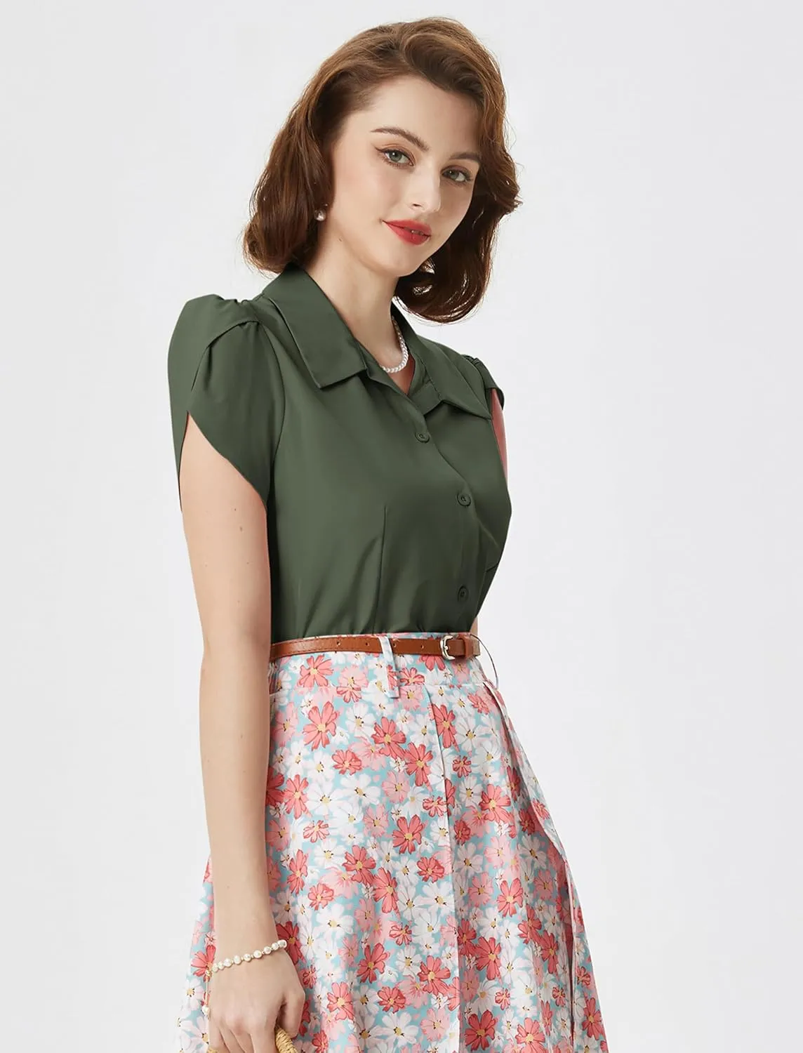 Belle Poque Summer Short Sleeve Button Down Blouse for Women V Neck Vintage Business Casual Shirts Tops