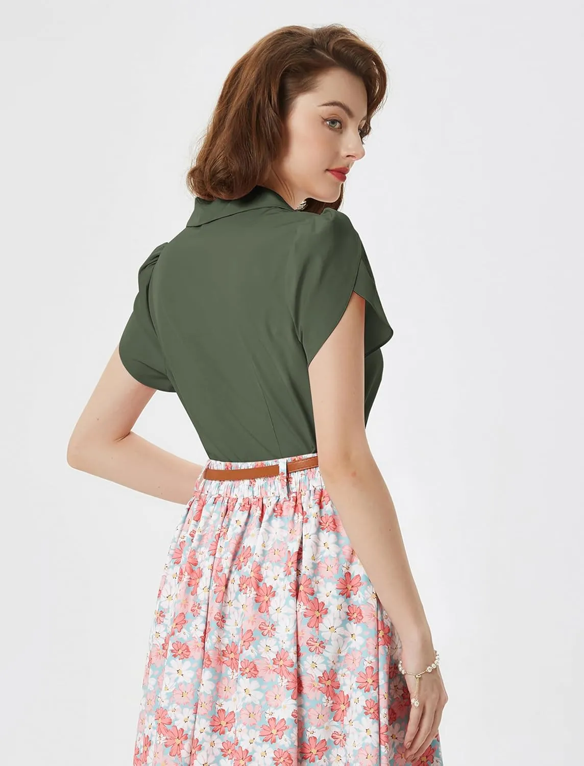 Belle Poque Summer Short Sleeve Button Down Blouse for Women V Neck Vintage Business Casual Shirts Tops
