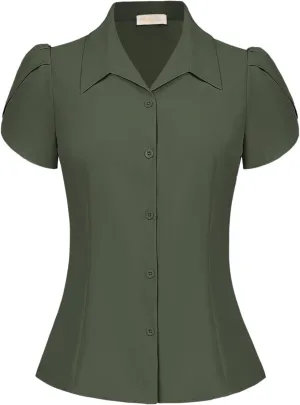 Belle Poque Summer Short Sleeve Button Down Blouse for Women V Neck Vintage Business Casual Shirts Tops