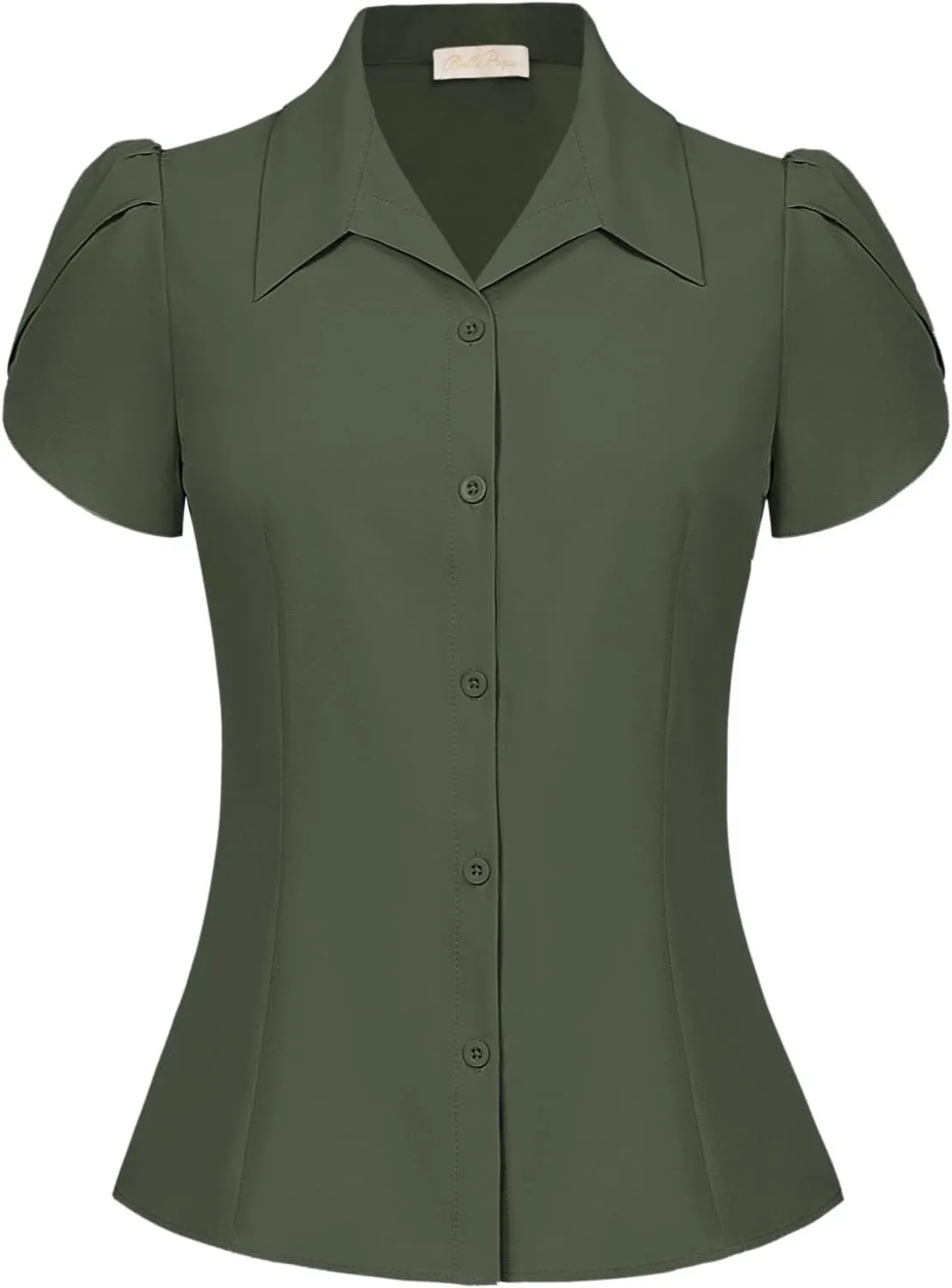 Belle Poque Summer Short Sleeve Button Down Blouse for Women V Neck Vintage Business Casual Shirts Tops