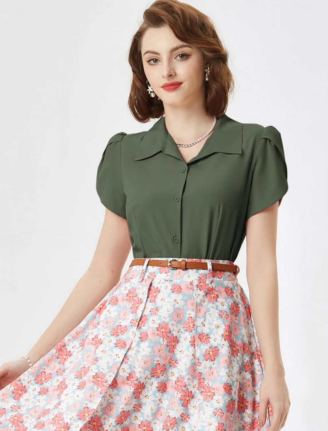 Belle Poque Summer Short Sleeve Button Down Blouse for Women V Neck Vintage Business Casual Shirts Tops