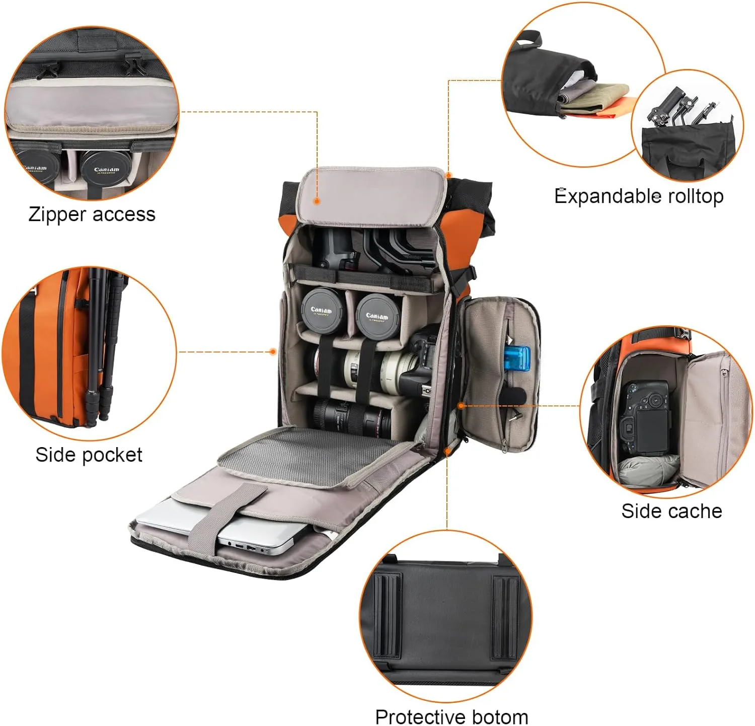 Besnfoto Camera Backpack Waterproof Camera Bag for Photographer DSLR SLR with Laptop Compartment Side Access Orange for Men and Women
