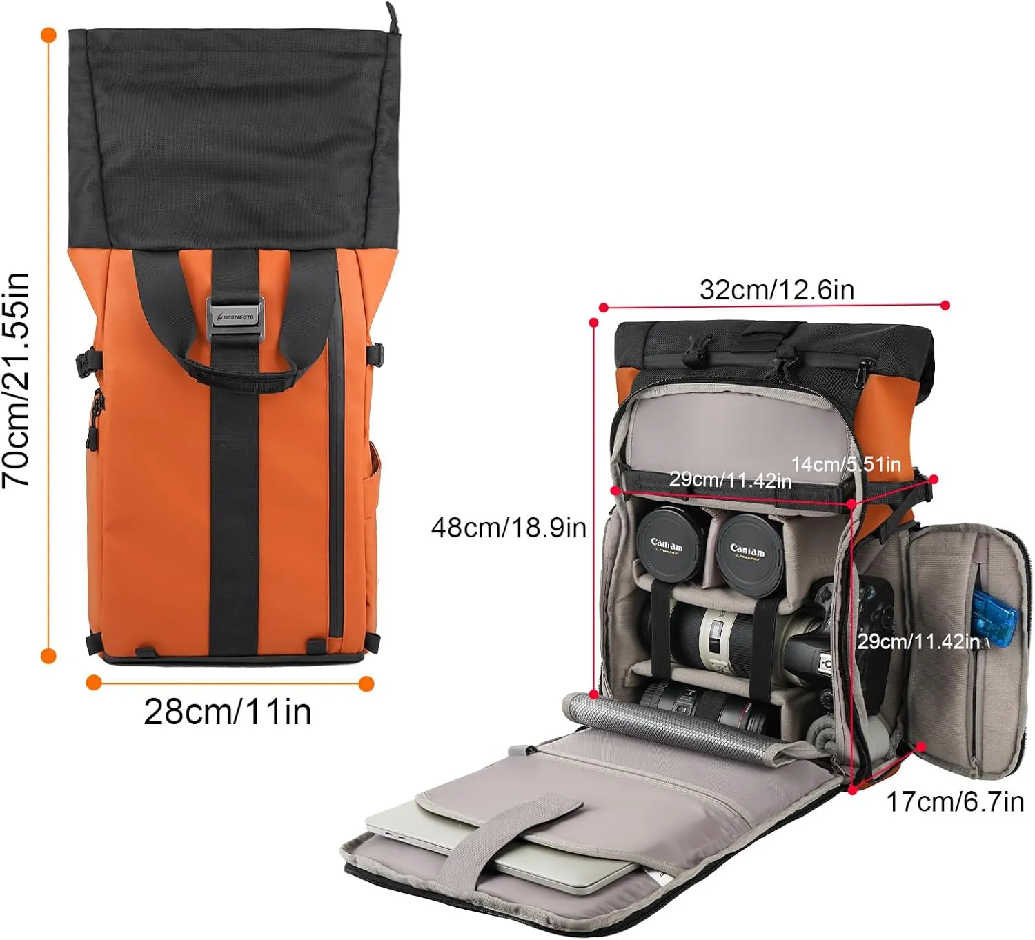 Besnfoto Camera Backpack Waterproof Camera Bag for Photographer DSLR SLR with Laptop Compartment Side Access Orange for Men and Women
