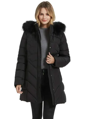 BINACL Women's Thickened Down Alternative Jacket, Snowboard Skiing Parka Puffer Tunnel Collar Elastic Neck Cotton Padding Slide Water Resistant Outwear Jacket with Fur Trim Removable Hood(Black,L)