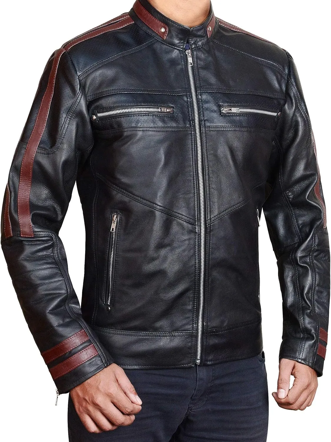 Black Fleece Single Strip Hoodie Jacket - Cafe Racer Black Leather Motorcycle Jacket Men