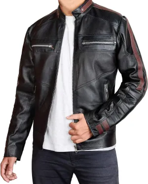 Black Fleece Single Strip Hoodie Jacket - Cafe Racer Black Leather Motorcycle Jacket Men