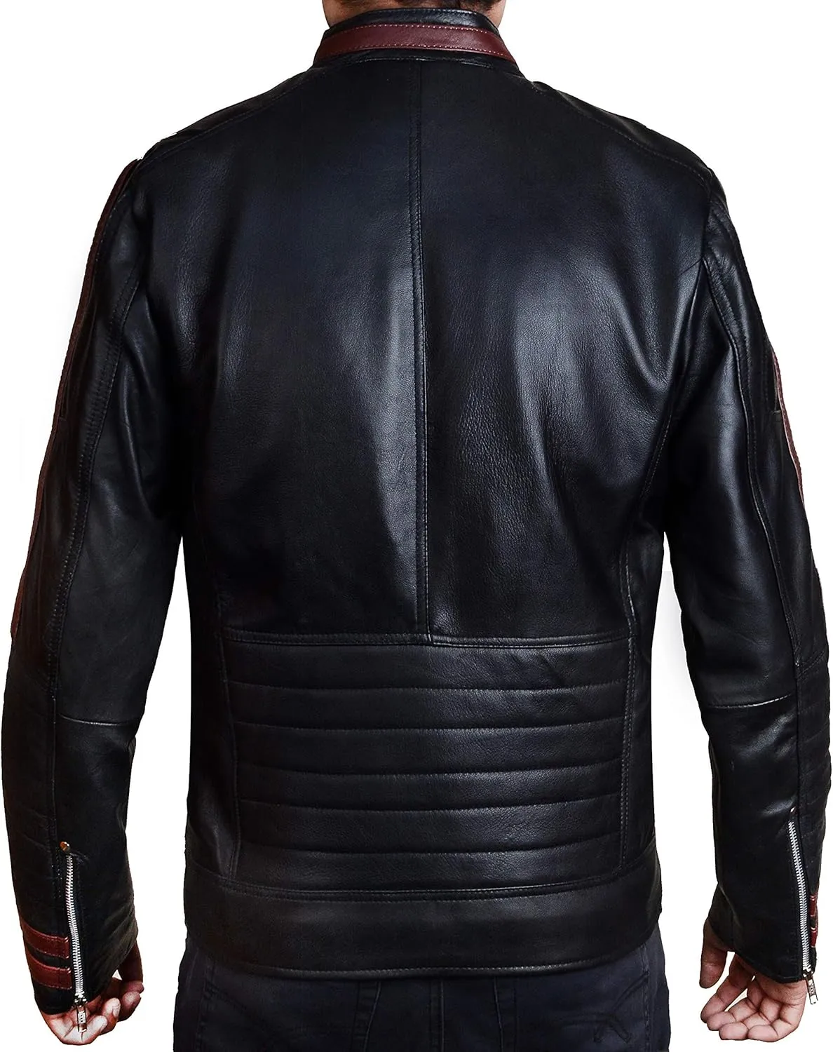 Black Fleece Single Strip Hoodie Jacket - Cafe Racer Black Leather Motorcycle Jacket Men