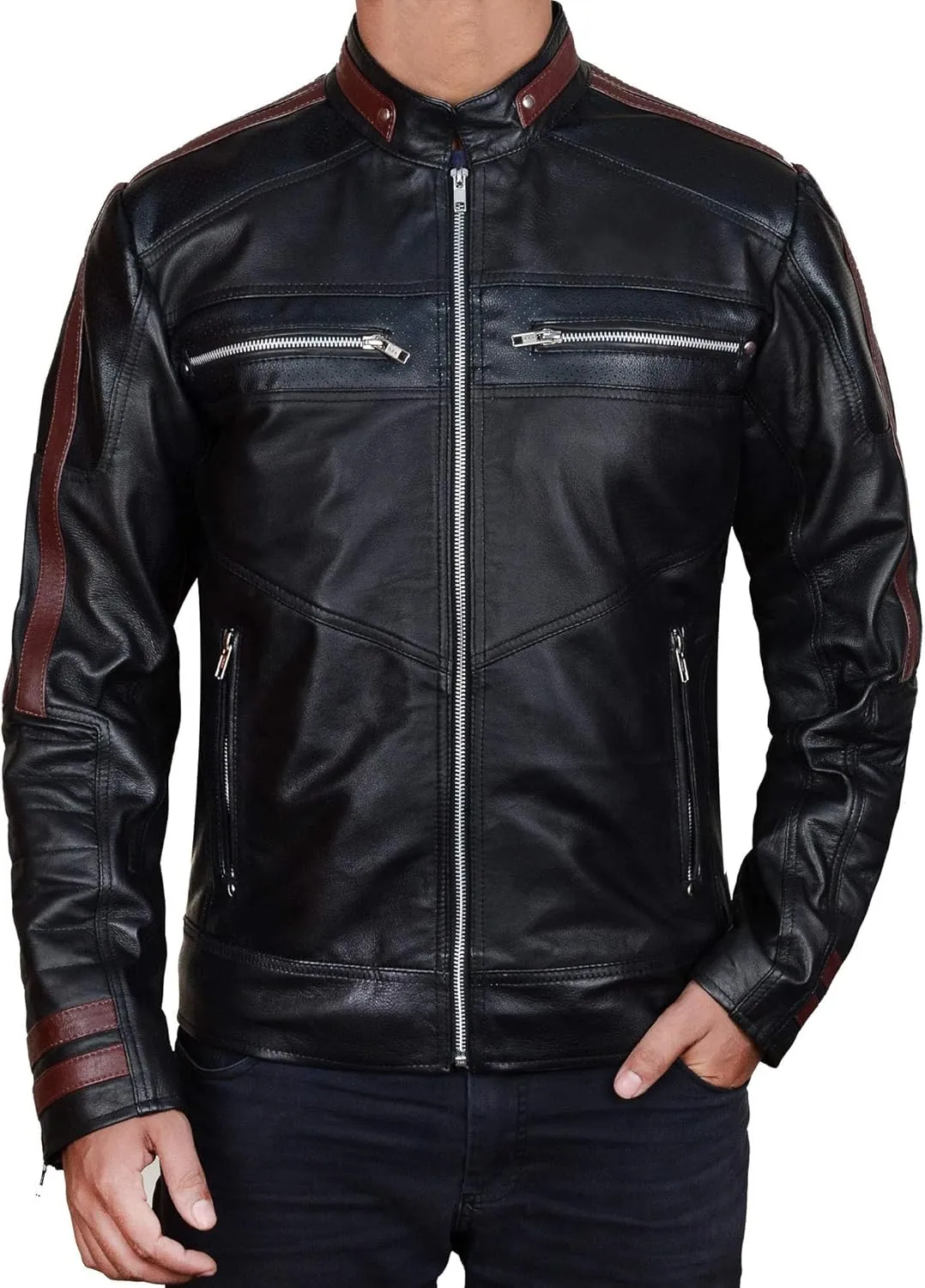 Black Fleece Single Strip Hoodie Jacket - Cafe Racer Black Leather Motorcycle Jacket Men