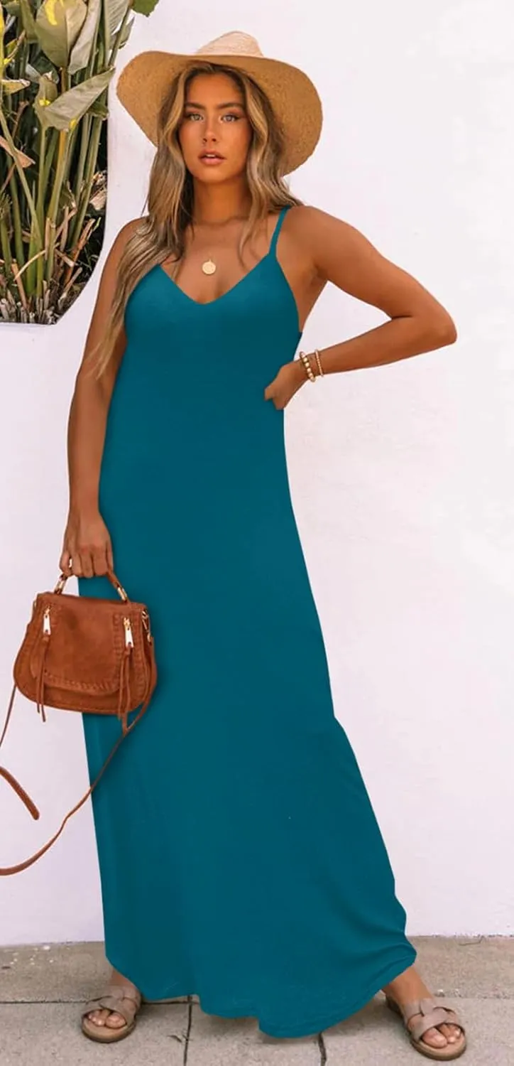 Bluetime Women Summer Spaghetti Strap Maxi Dress V-Neck Sleeveless Flowy Boho Floral Beach Long Dress with Pockets