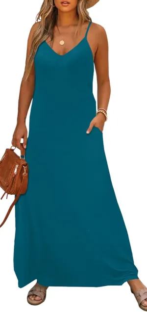 Bluetime Women Summer Spaghetti Strap Maxi Dress V-Neck Sleeveless Flowy Boho Floral Beach Long Dress with Pockets