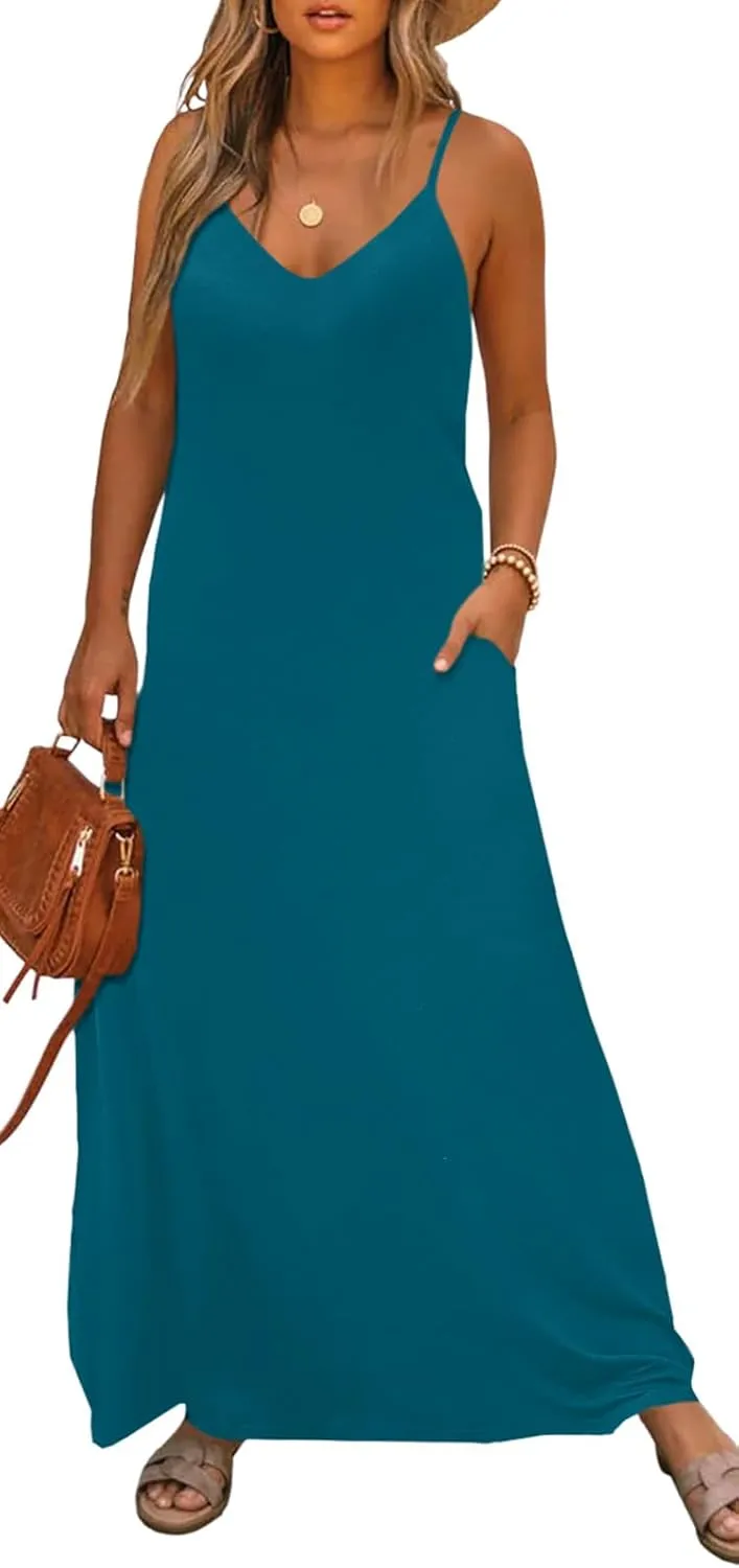 Bluetime Women Summer Spaghetti Strap Maxi Dress V-Neck Sleeveless Flowy Boho Floral Beach Long Dress with Pockets