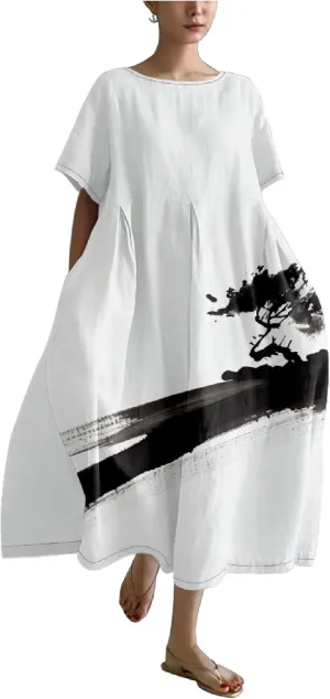 Boho Summer Midi Dress for Women Breathable Loose Fit Crew Neck Short Sleeve Plus Size Dress White