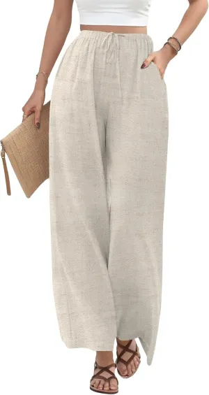 Buauty Wide Leg Linen Pants Women Plus Size Palazzo Pants High Waisted Lounge Pants Casual Comfy Flowy Beach Summer Trousers Apricot