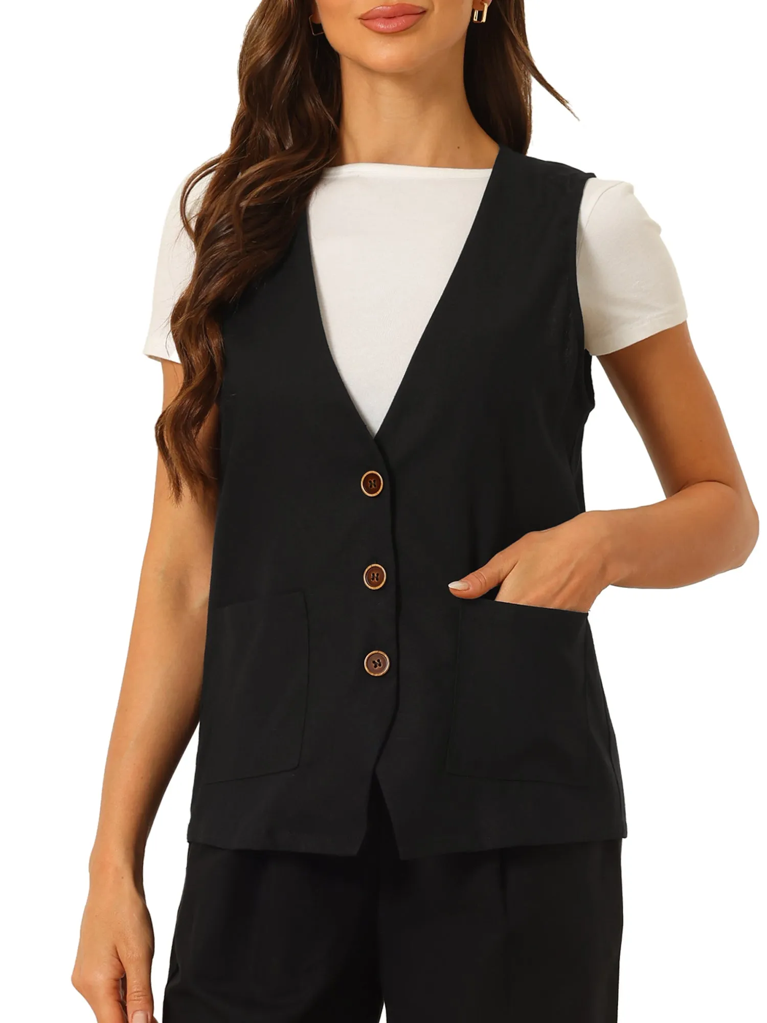 Button Down Vest Linen Sleeveless V Neck Summer Waistcoat
