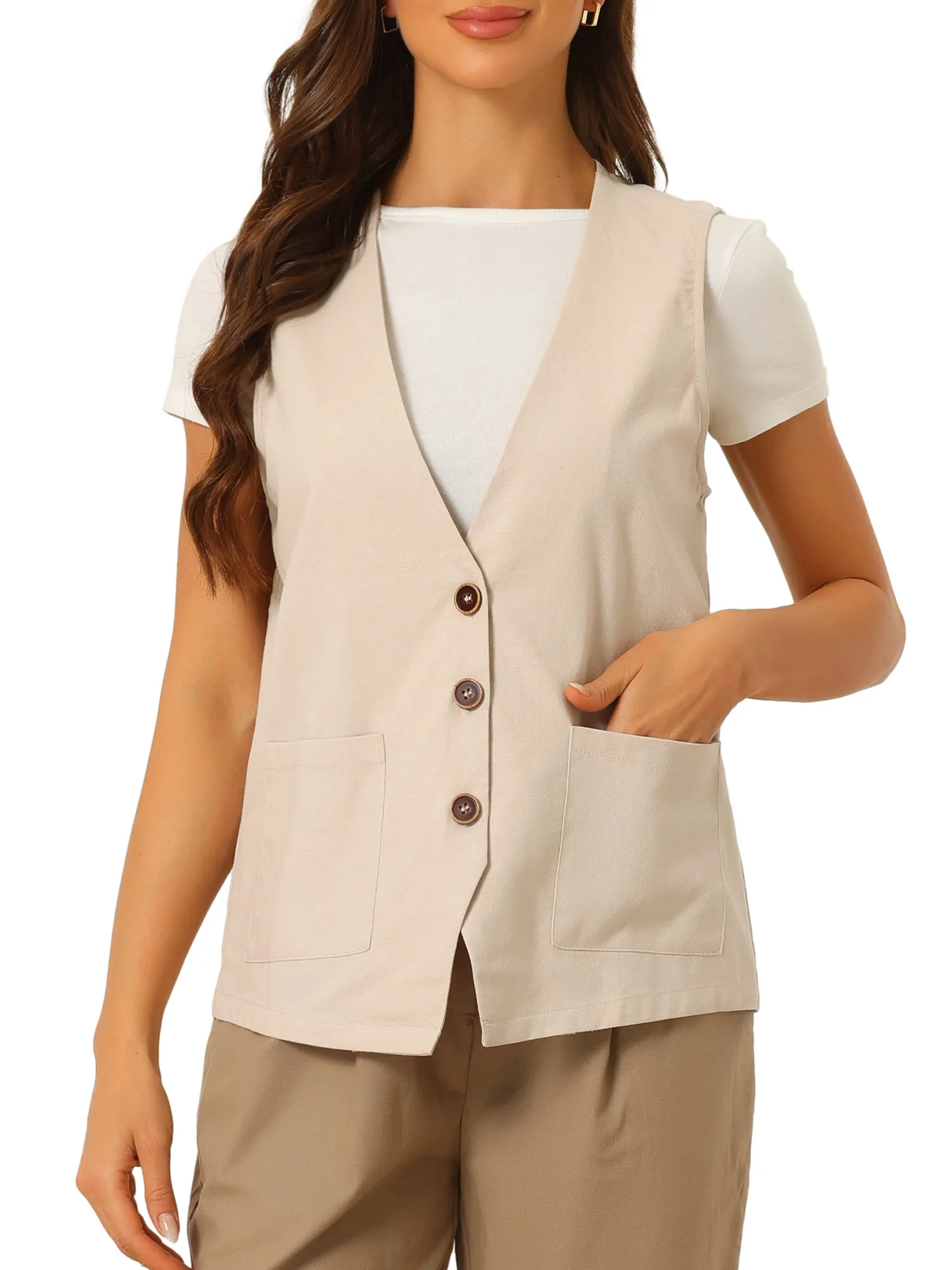 Button Down Vest Linen Sleeveless V Neck Summer Waistcoat