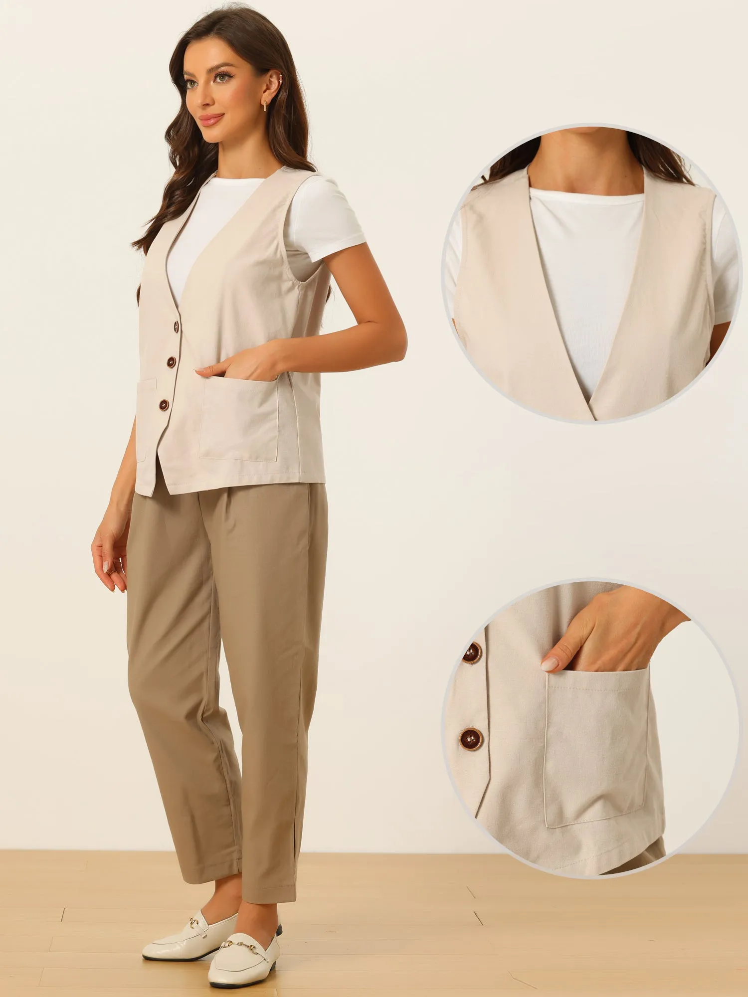 Button Down Vest Linen Sleeveless V Neck Summer Waistcoat