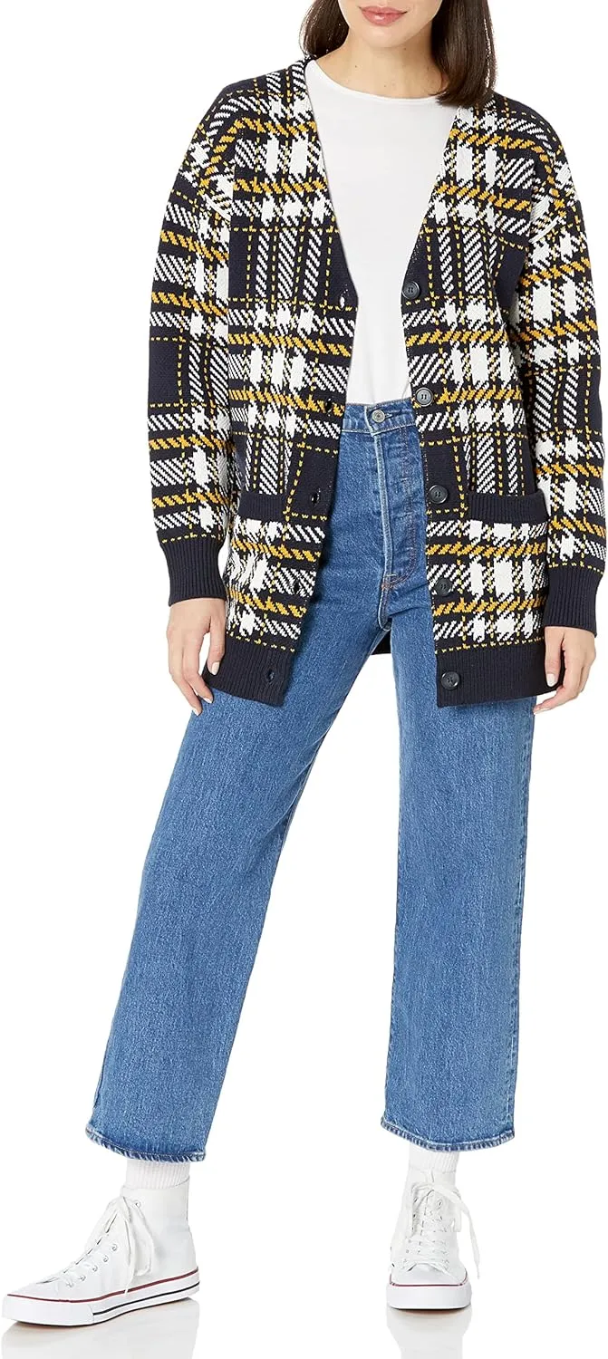 Cable Stitch Women's Oversized Button Front Leopard Plaid Print Sweater Cardigan with Pockets- V-Neck Jacquard Coatigan