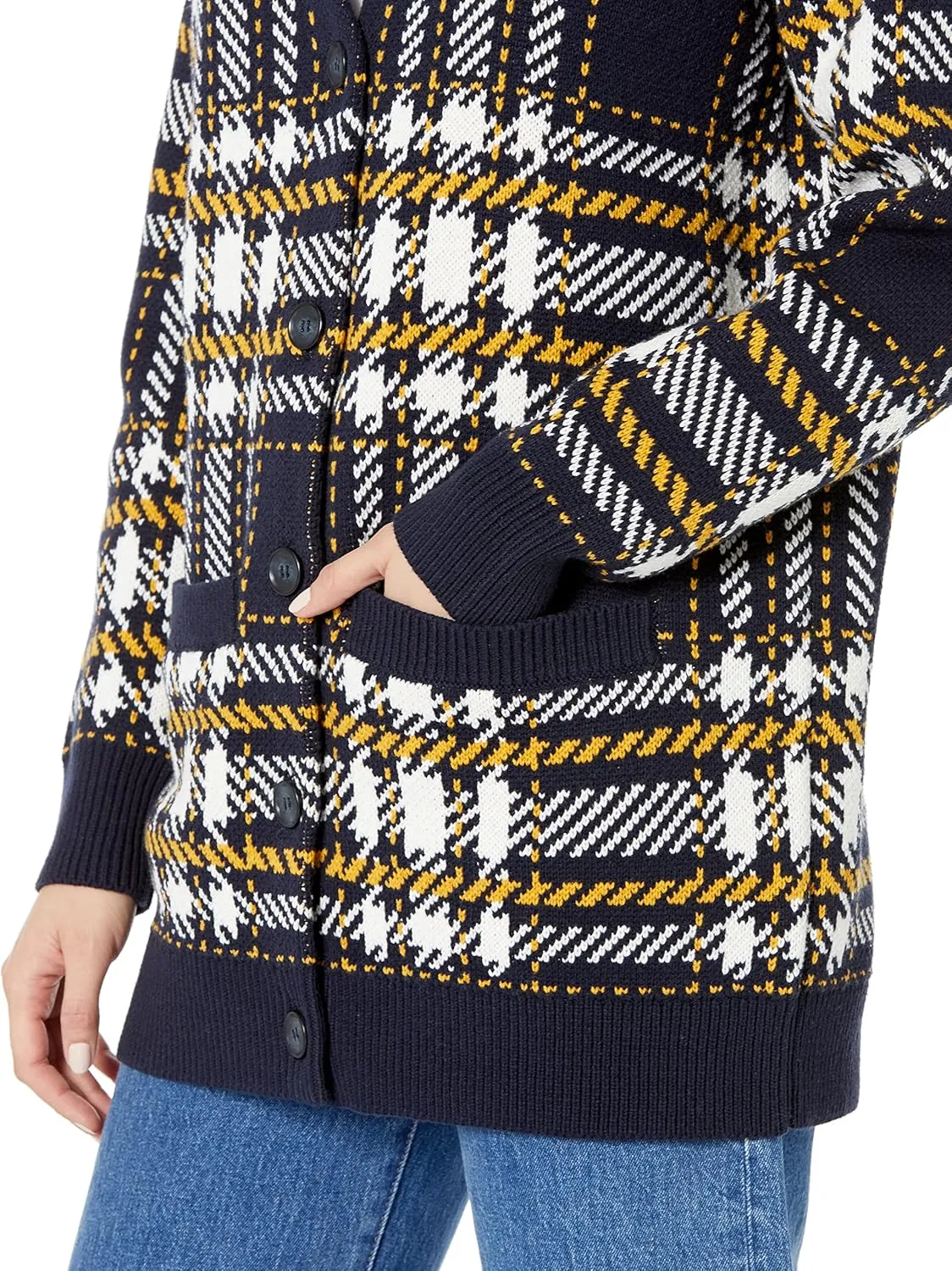 Cable Stitch Women's Oversized Button Front Leopard Plaid Print Sweater Cardigan with Pockets- V-Neck Jacquard Coatigan