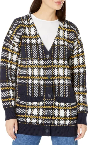 Cable Stitch Women's Oversized Button Front Leopard Plaid Print Sweater Cardigan with Pockets- V-Neck Jacquard Coatigan