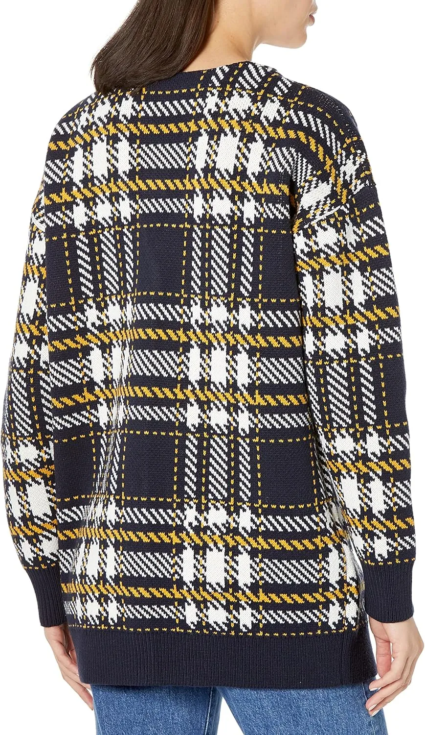 Cable Stitch Women's Oversized Button Front Leopard Plaid Print Sweater Cardigan with Pockets- V-Neck Jacquard Coatigan