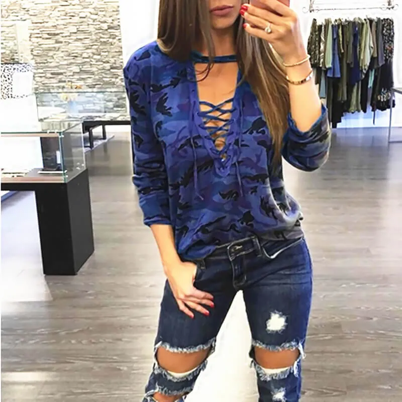 Camouflage Print Straps Cross Hollow Out Sweatshirt