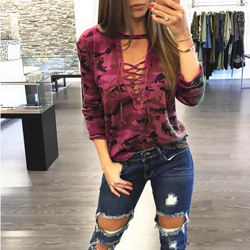 Camouflage Print Straps Cross Hollow Out Sweatshirt